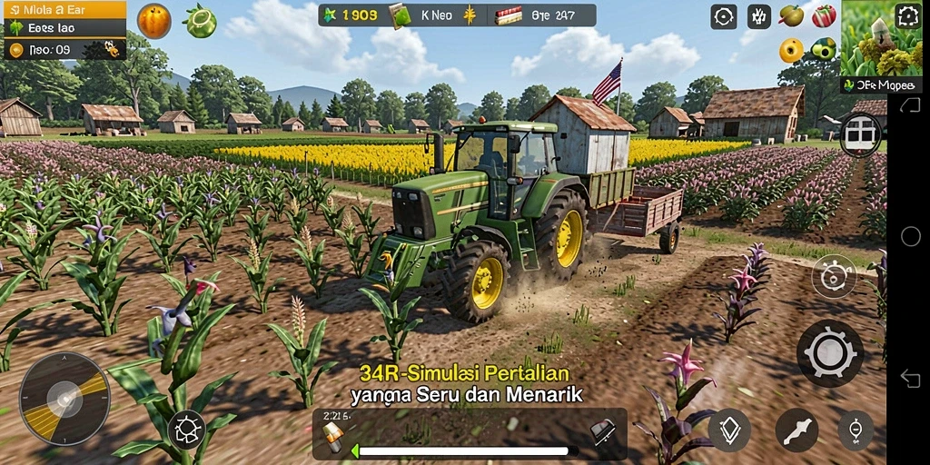 Screenshot gameplay 34R menampilkan ladang yang subur dan aktivitas pertanian.