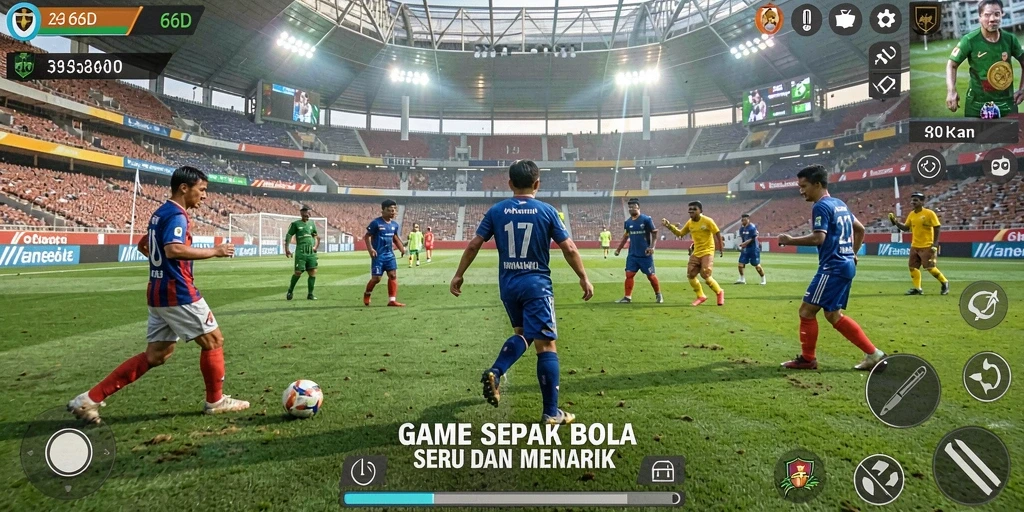 Tampilan gameplay seru dalam 66D dengan aksi sepak bola yang mendebarkan.