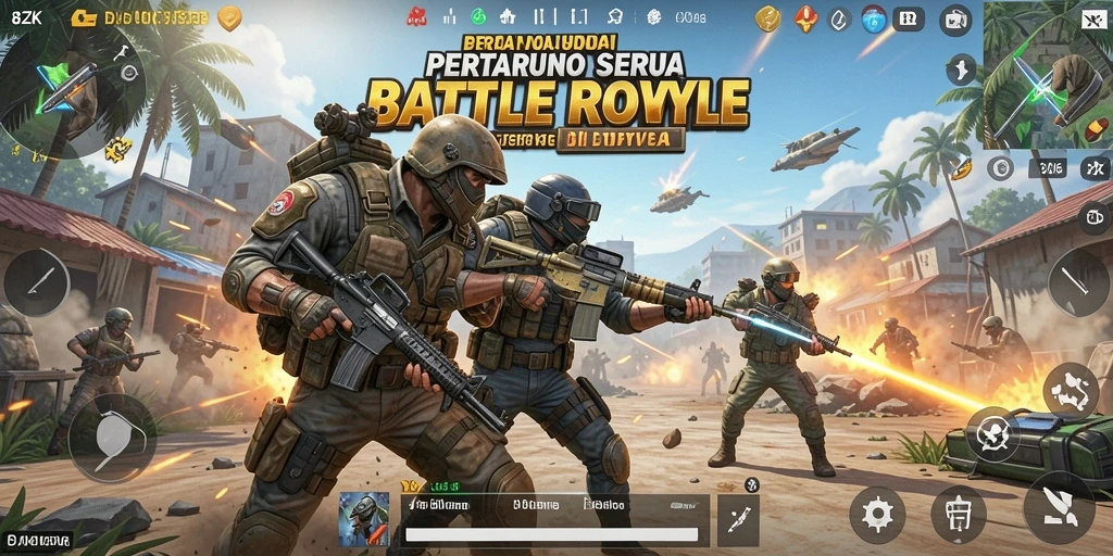 Screenshot gameplay 8ZK menunjukkan aksi pertempuran Battle Royale yang seru.