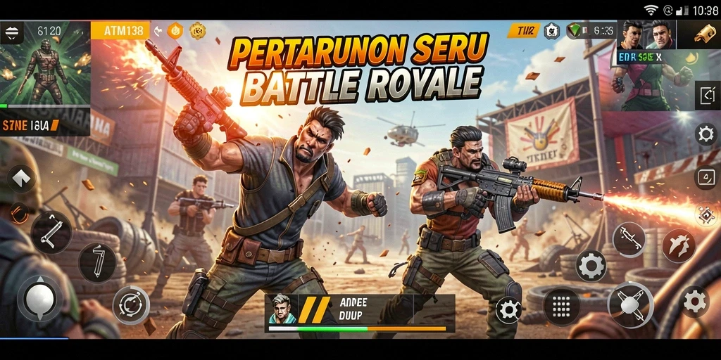 Screenshot gameplay ATM138 yang mendebarkan dalam pertarungan Battle Royale.