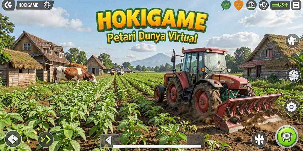 Screenshot HOKIGAME menunjukkan petani bekerja di ladang yang hijau.