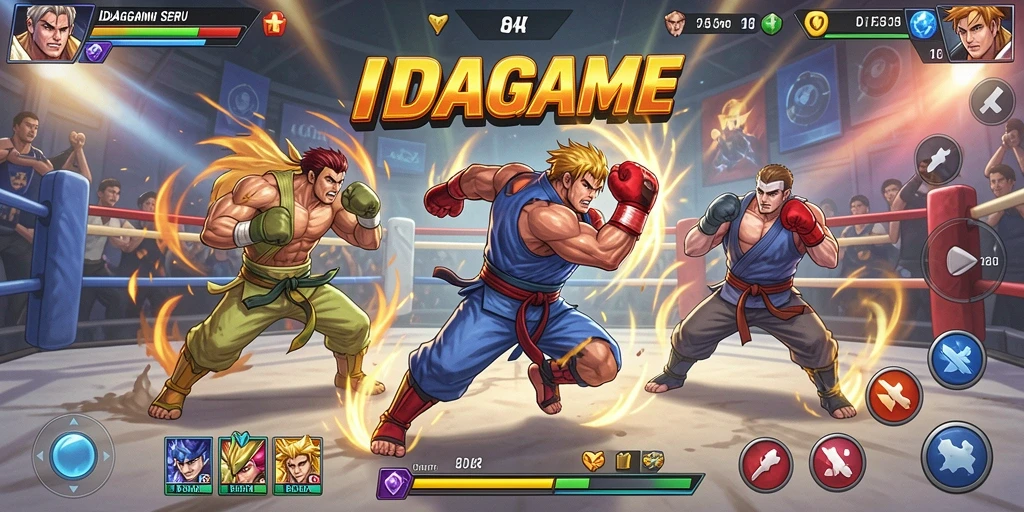 Screenshot gameplay IDAGAME dengan karakter bertarung di arena.