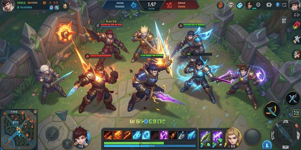Screenshot gameplay KOSTOTO menampilkan pertarungan intens antar tim MOBA.