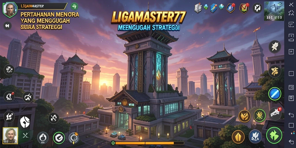 Tangkapan layar gameplay LIGAMASTER77 menampilkan aksi menara pertahanan yang intens.