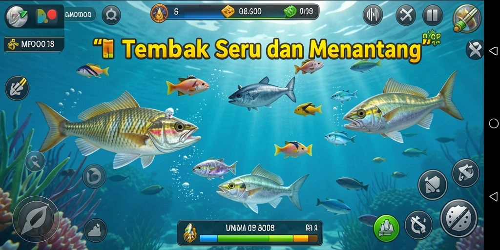 Tampilan gameplay MPO08 dengan aksi tembak ikan yang seru.