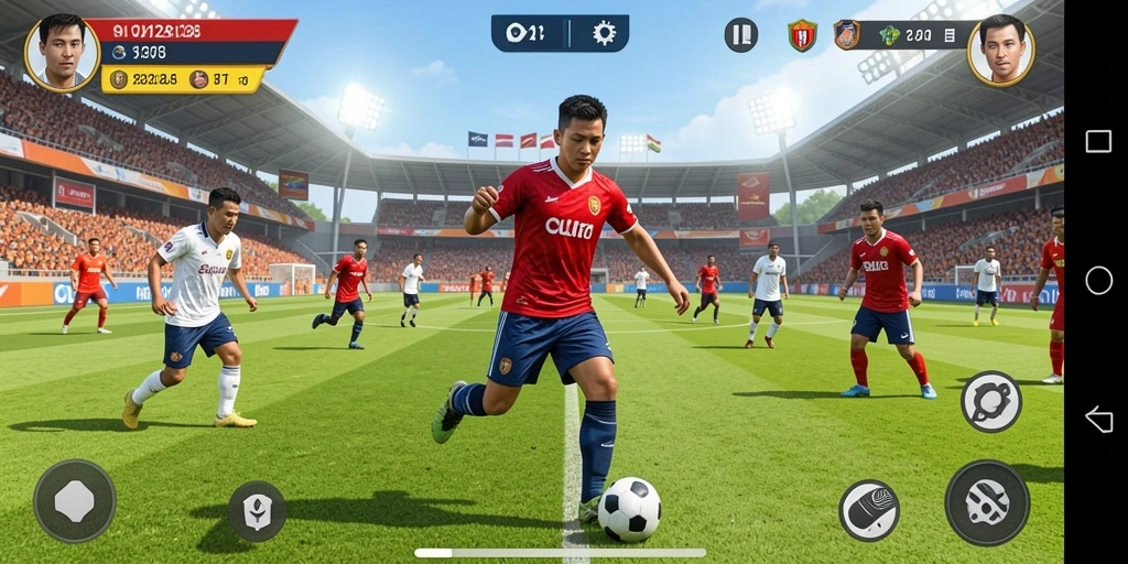 Tampilan gameplay OLX128 dengan aksi sepak bola yang dinamis.