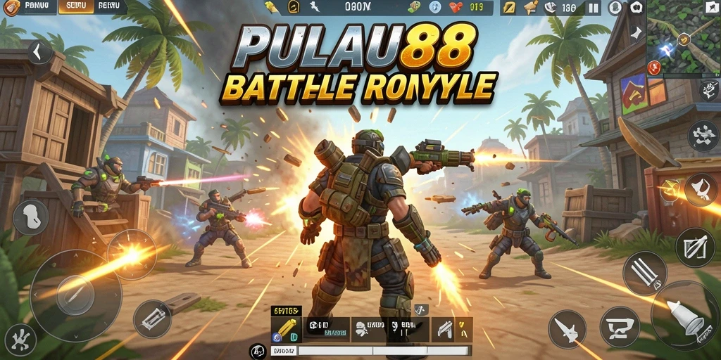Tangkapan layar gameplay intens di PULAU88 menunjukkan pertarungan seru di pulau.