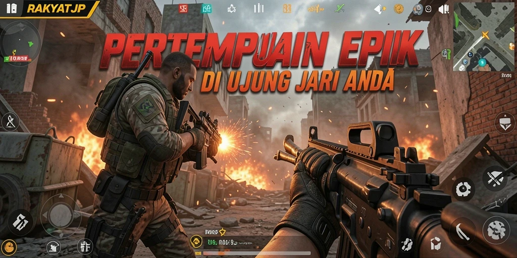 Screenshot RAKYATJP menampilkan aksi menembak dalam game FPS yang intens.