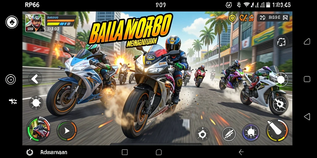 Screenshot utama RP66 menampilkan aksi balap motor yang seru dan mendebarkan.